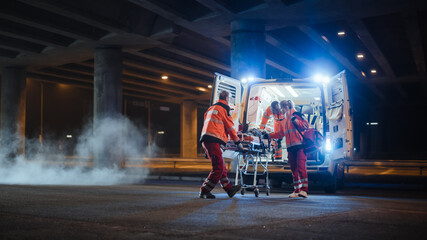 A group of paramedics pushing an ambulance

Description automatically generated