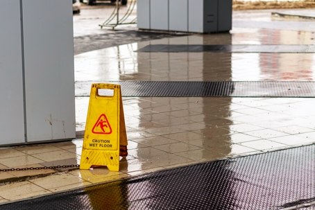 A dirty yellow sign "Wet Floor" stands on the wet tiles