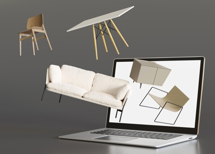 Furniture items appearing to come out of a laptop screen, representing the risks of defective online furniture purchases.